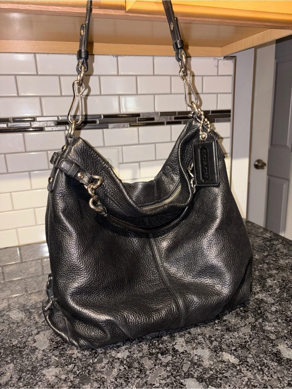 Coach Black Pebbled Leather Shoulder Hobo with Silver Hardware